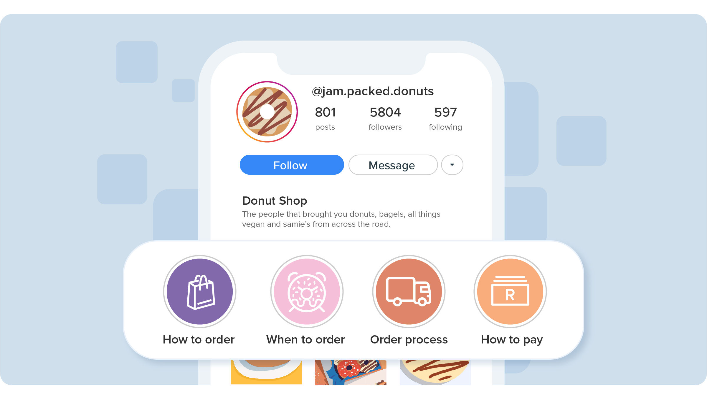 An illustration with an Instagram store's highlight tabs