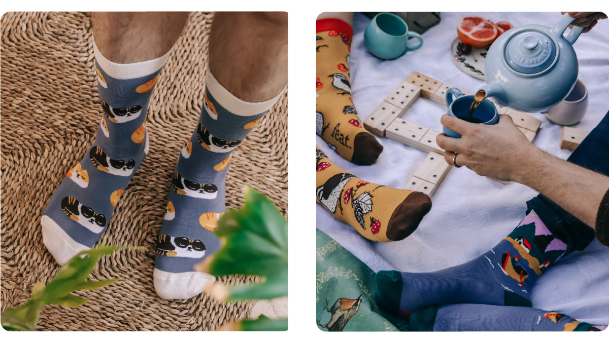 two images of people wearing Feat. socks