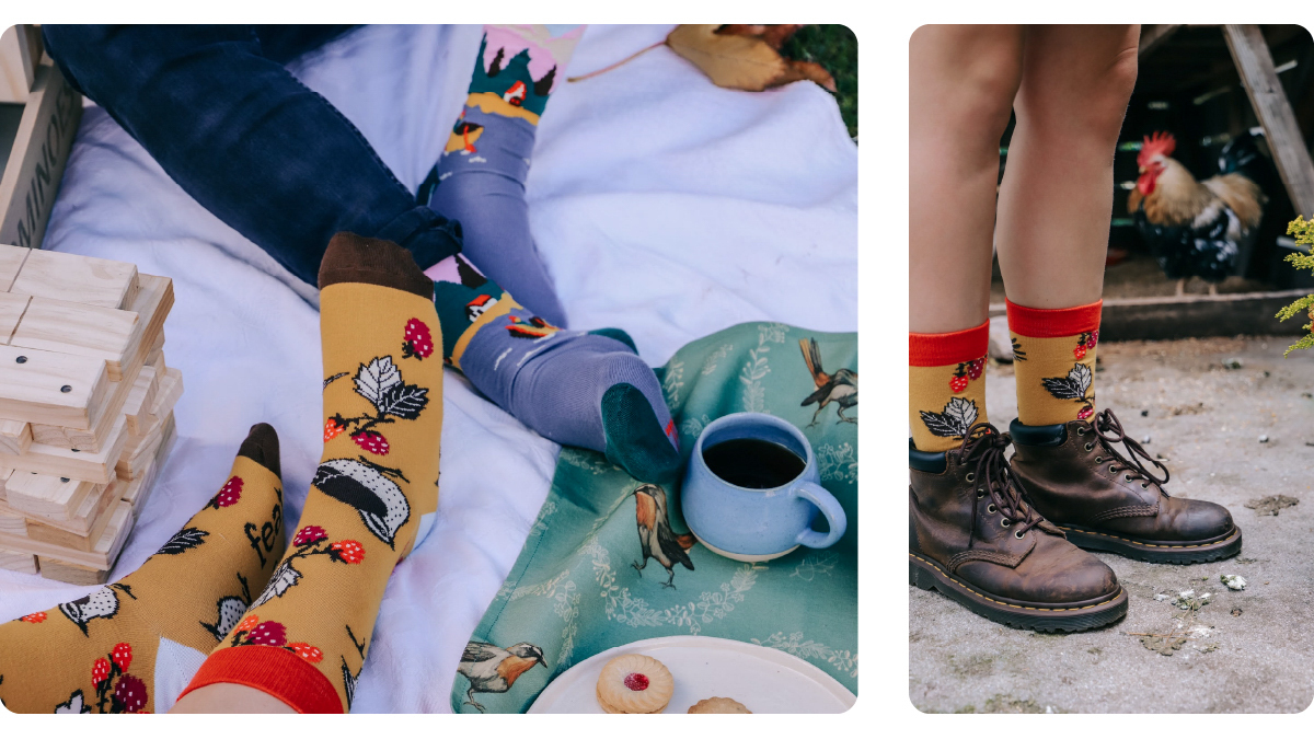 images of people's feet with Feat. socks on them