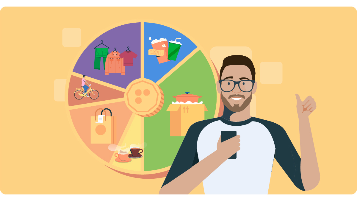 illustration of SnapScan user, Byron, in front of a pie chart
