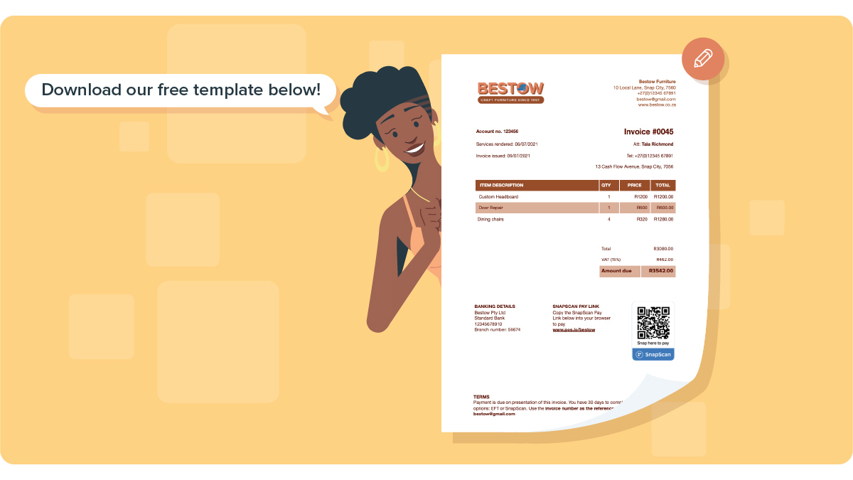 an invoice template with a woman peeking out from the left side. 