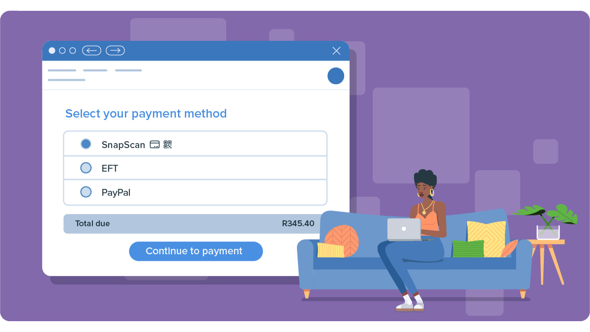 an illustration of a woman sitting on her couch on her laptop. The laptop's screen is displayed next to her, depicting a payment method for an online store