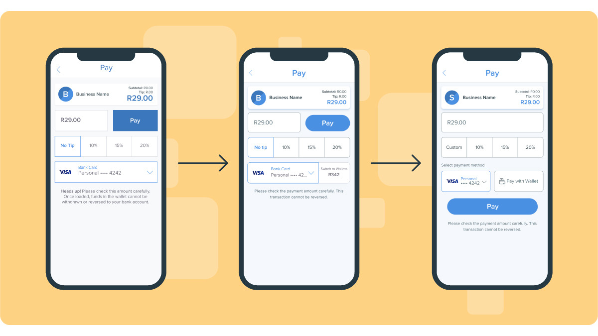 an illustration of three phone screens, each displaying the various stages of the app's pay screen and how the Wallet feature was included in the designs. 