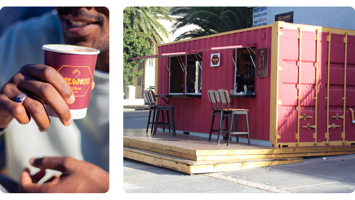 An outside view of the red and yellow container that Molweni Coffee operates from. 