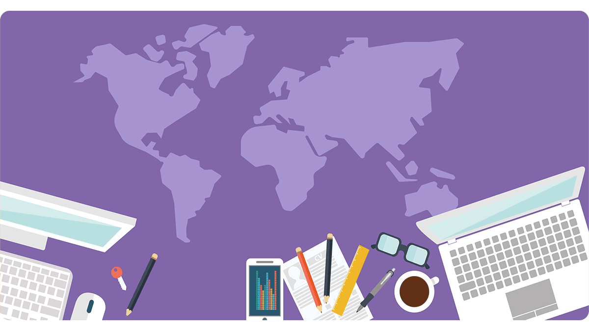 an illustration of the world map with a laptop, coffee and other accessories on top of it