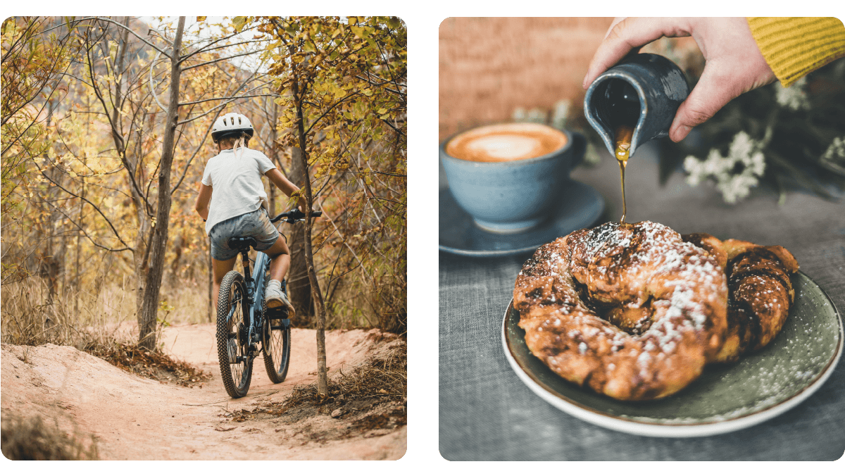 Two images in one. The image on the left shows some cycling the Jonkershoek Valley trail, the image on the right shows the refreshments served at Ride In Cafe