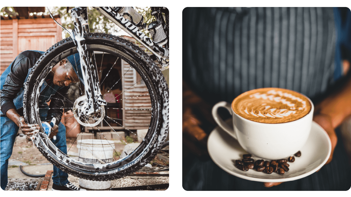 Two images in one. The left image shows an employee of Ride In cleaning a bicycle, the image on the right shows a cup of coffee served at Ride In Cafe