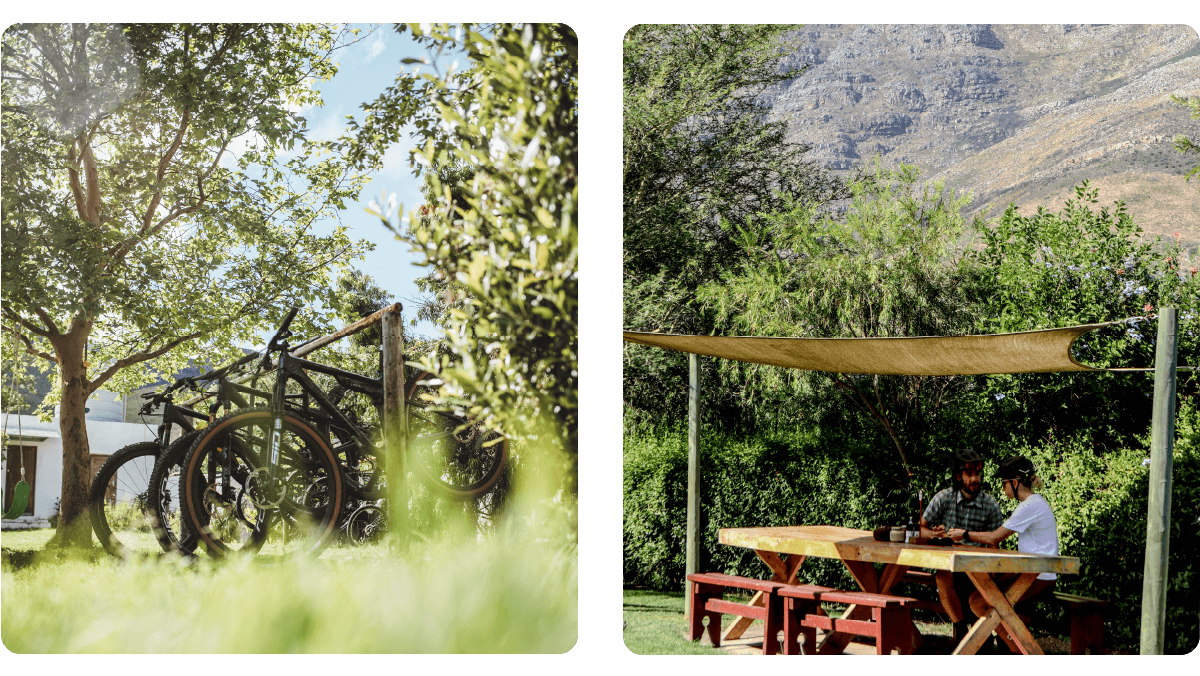 Two images in one. The image on the left shows Ride In Cafe and it's mountainous backdrop, the image on the right shows the backyard space of the cafe