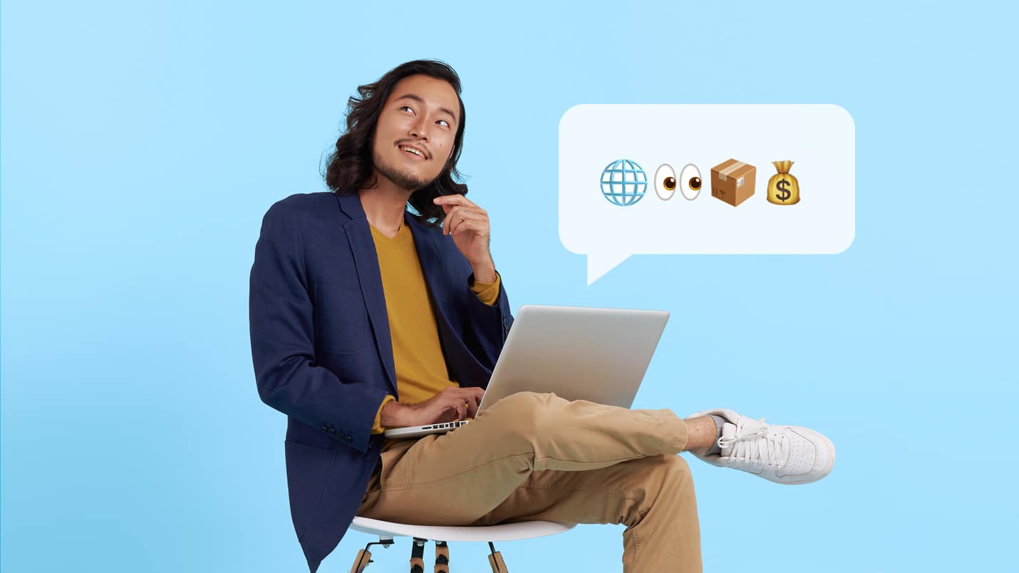 A person sitting on a chair with a laptop on his lap. Emojis next to him depict online business ideas.