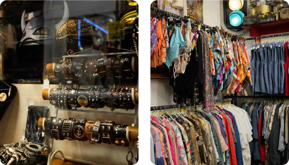 Two images depicting the inside of Bangbang Vintage Market. On the left rows of jewellry, while the right picture displays racks of clothes.