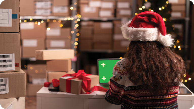 a businesswoman sitting at her laptop wearing a christmas hat